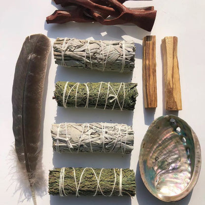 Home Aromatherapy Gift Set: 2 Bundles of Sage, 2 Bundles of Cedar, 2 Palo Santo Sticks