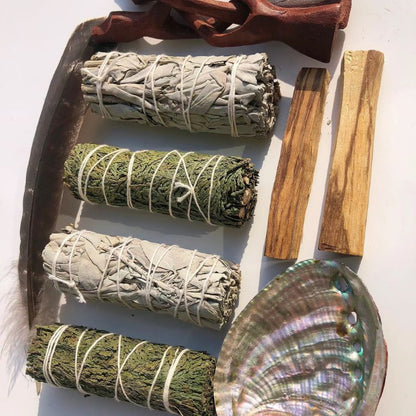 Home Aromatherapy Gift Set: 2 Bundles of Sage, 2 Bundles of Cedar, 2 Palo Santo Sticks