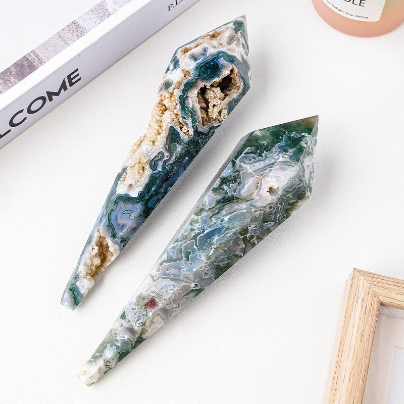 Natural Crystal Moss Agate Hexagonal Prism Pendulum Tower