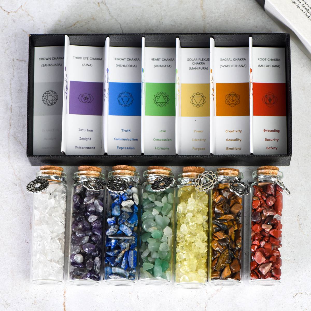 Seven Chakra Wishing Bottle Set with Crystal Chips