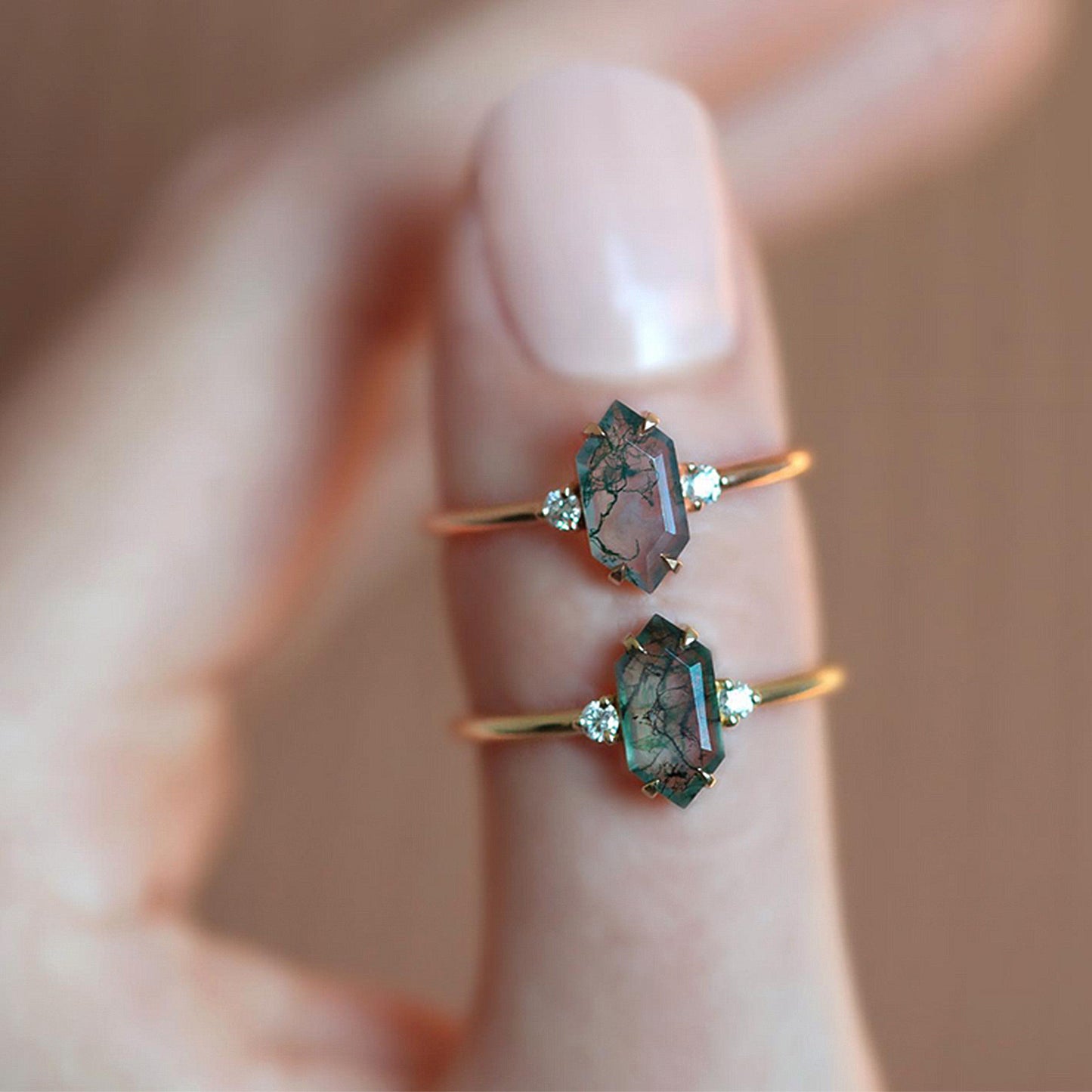 Rhombus Natural Moss Agate Geometric Ring, Engagement Ring