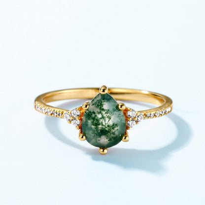 Waterdrop Moss Agate Ring Natural Gemstone for Balance & Grounding, Engaging Ring