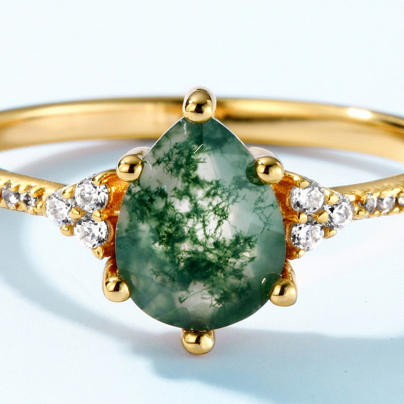 Waterdrop Moss Agate Ring Natural Gemstone for Balance & Grounding, Engaging Ring