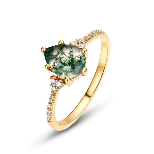 Waterdrop Moss Agate Ring Natural Gemstone for Balance & Grounding, Engaging Ring